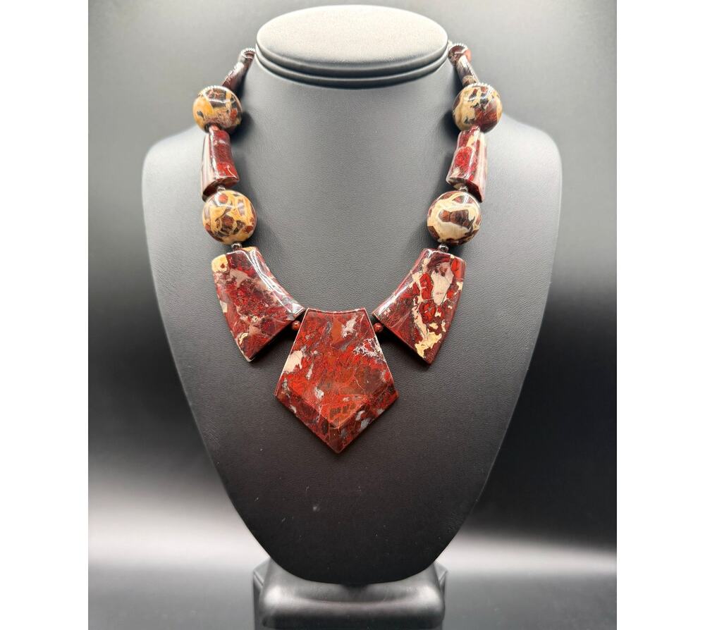 Handmade Polished Red Leopard Jasper Statement Necklace & Earring Set 1/20 12K